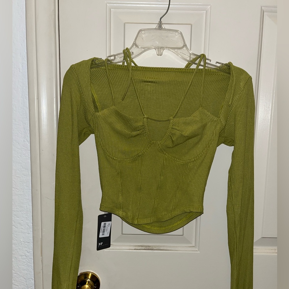 olive green cris cross dressy top (corset/bustier style but not structured)